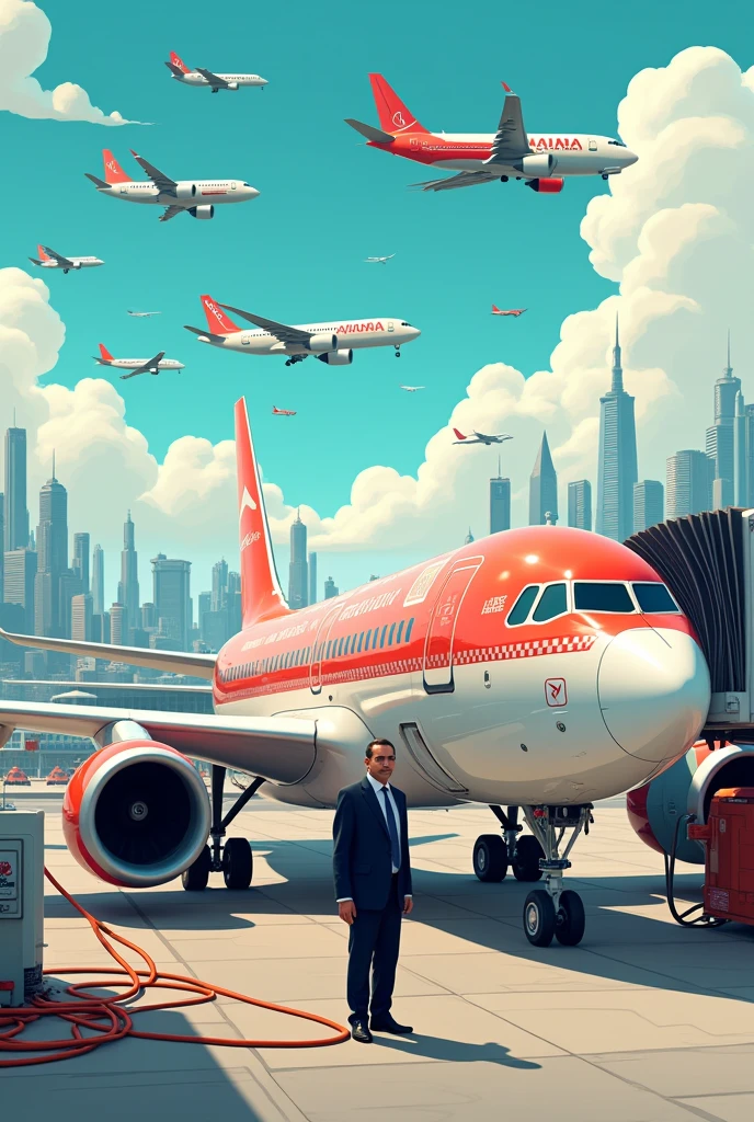 Cartoon of a white and red Avianca plane refueling at an air gas station and the one refueling is President Gustavo Petro