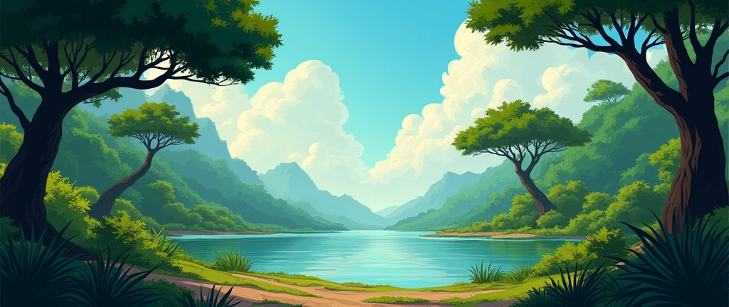 African forest without people distant horizon lake movie scene theatrical perspective cartoon style