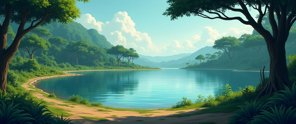 African forest without people distant horizon lake movie scene theatrical perspective cartoon style