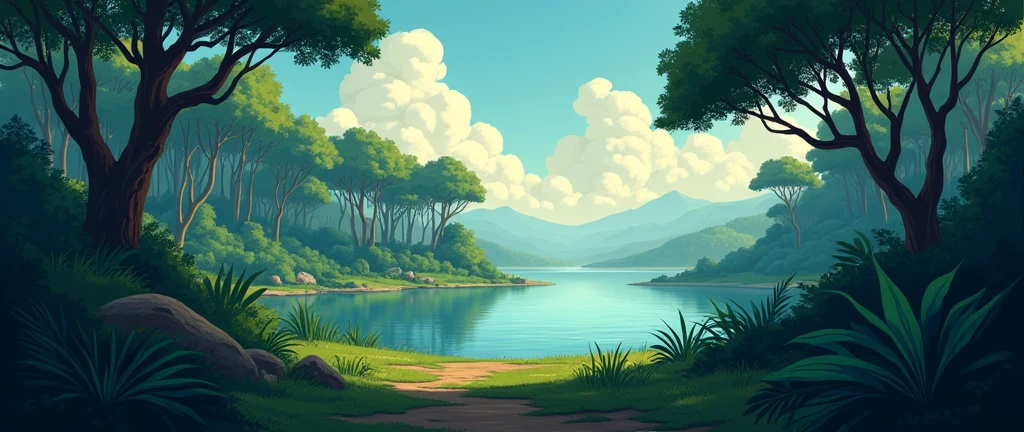African forest without people distant horizon lake movie scene theatrical perspective cartoon style