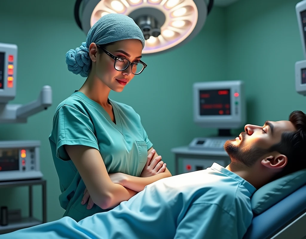 Aishwarya Rai wearing scrubs, wearing skull cap, wearing glasses, standing beside male patient in operation theatre, fullbody view, arms crossed, looking at patient,