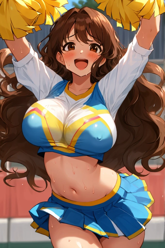 bouncing breasts,lactation,
cheerleader,sweat,
1 girl, brown hair,wavy long hair,large breasts,brown eyes,happy,open mouth