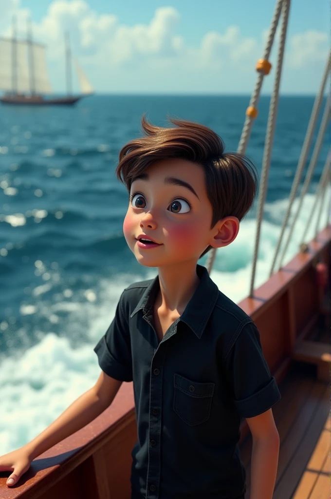 A boy in a ocean on a ship were a black classic shirt animate6