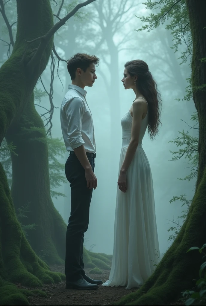 A young man was talking to a beautiful woman dressed in white in a thick foggy forest