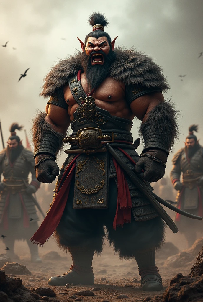 Spring and Autumn Warring States Period,Three Kingdoms,ancient China,Military commander,Shogun,Daruma-like face,Tiger-like whiskers,It is threatening with a loud voice with its mouth wide open.,A disadvantageous and adverse battlefield,Muscle々He has a big build and a lot of arm hair.