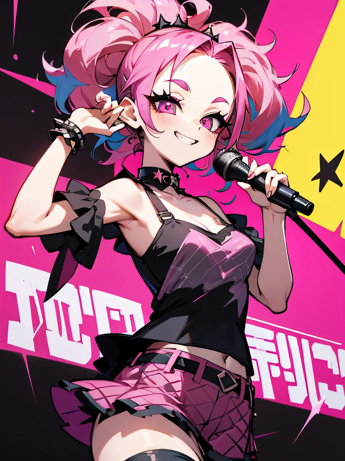 solo, upperbody, multicolor curly sideup hair, (tsurime), big forehead, eyelash, punk lady clothing, offshoulder, black camisole, pink miniskirt, fishnet stockings, punk rock image, Sing a song、(diva),(I am the star)、grin