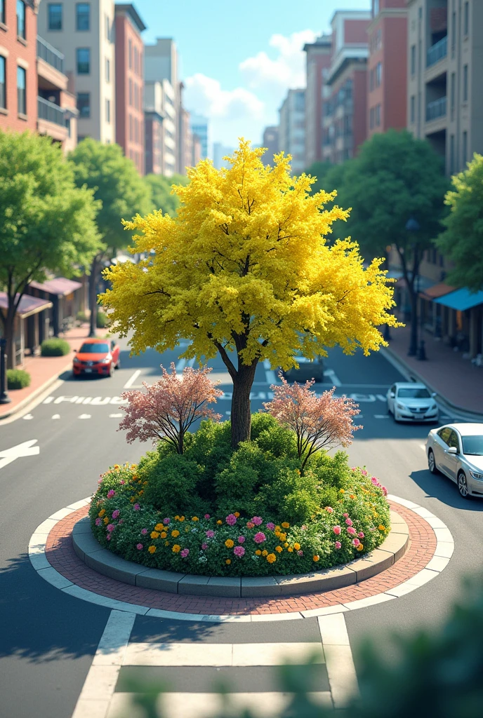 Create a traffic island on an avenue with trees with yellow flowers and others in pink tones in the middle of the one-way road, where you can see cars driving around and shops on either side