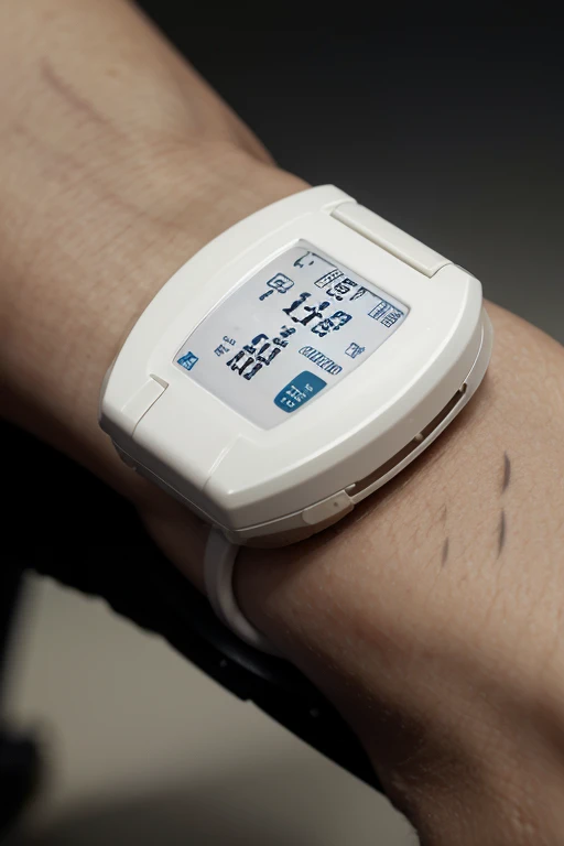 Subcutaneous implant, small device, the size of a grain of rice, offering continuous health monitoring and alerts in case of emergency.