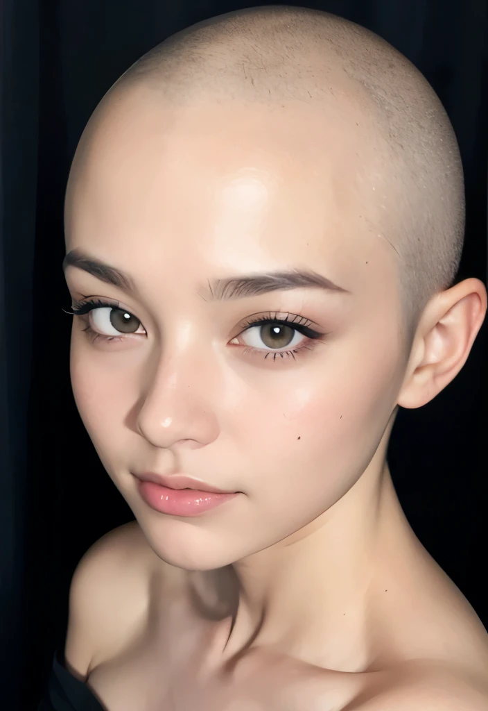 Passport picture, facing front, sensual face, looking forward, maintains eye contact with the viewer, smooth perfect skin, dark eyeliner, full face visible, High quality, portrait, passport style picture, official document photograph, bald beauty, bald is beautiful, no hair, headshot, government photo, id photo,