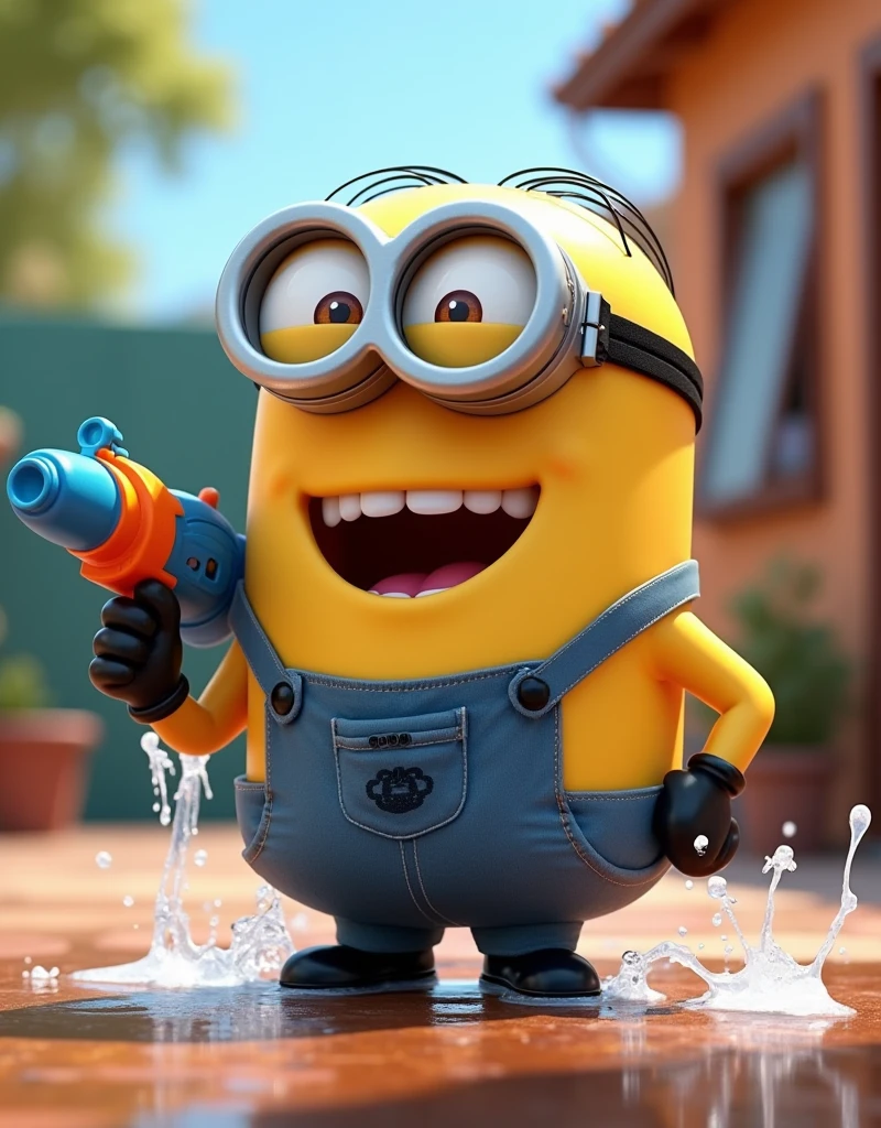 Minion Kevin Kevin gets soaked in water gun game, but still laugh heartily. water gun in hand 