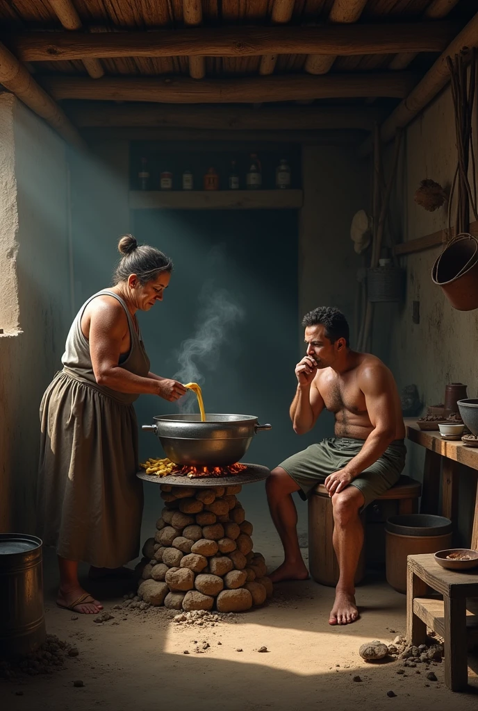 Make a realistic image with the following described:
A peasant woman in her hut is beating an atole and next to her at a table is a man touching his throat and tasting himself..