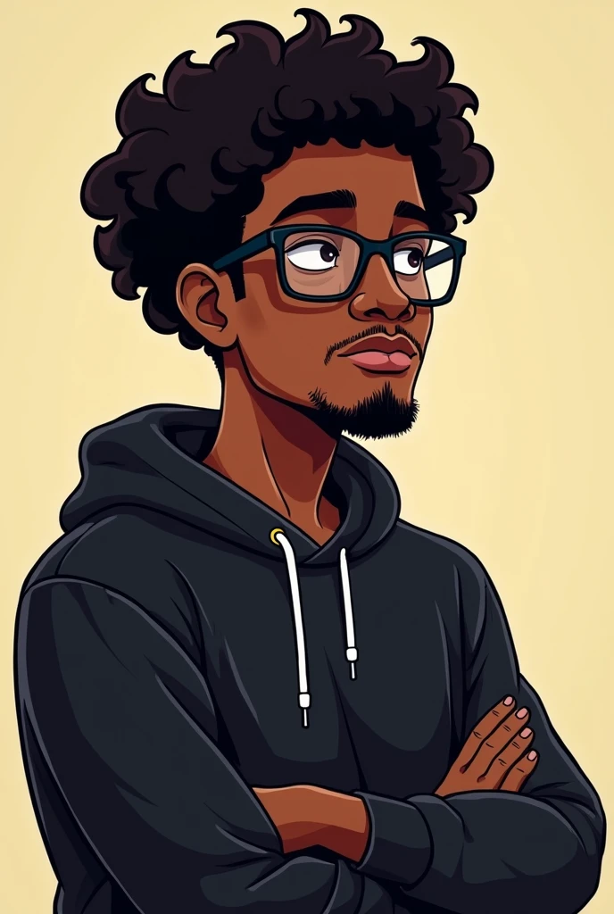 a young Black man , with glasses, goatee, black sweatshirt, with curly hair, serious in a cartoon style, 