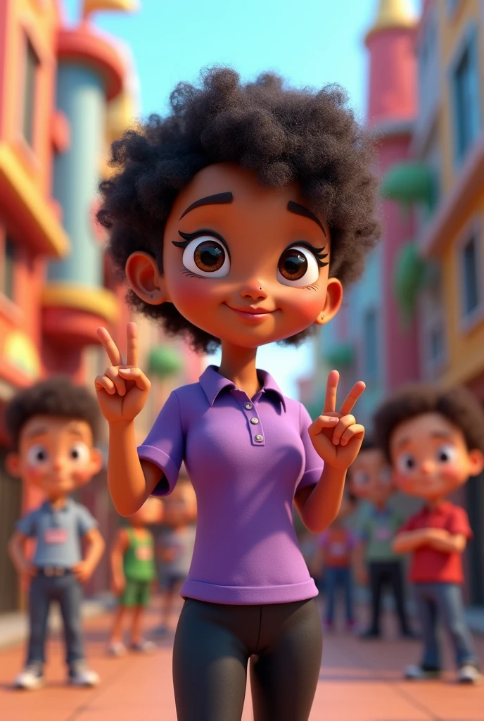 Create a 3D cartoon-style image featuring 7 distinct characters, each with unique physical traits and outfits. 

Character 4**: A 3 woman with an oval face, slim build, and a mole next to her right nostril. She has a darker complexion and is wearing a purple collared shirt and black pants. She is standing casually with a peace sign.