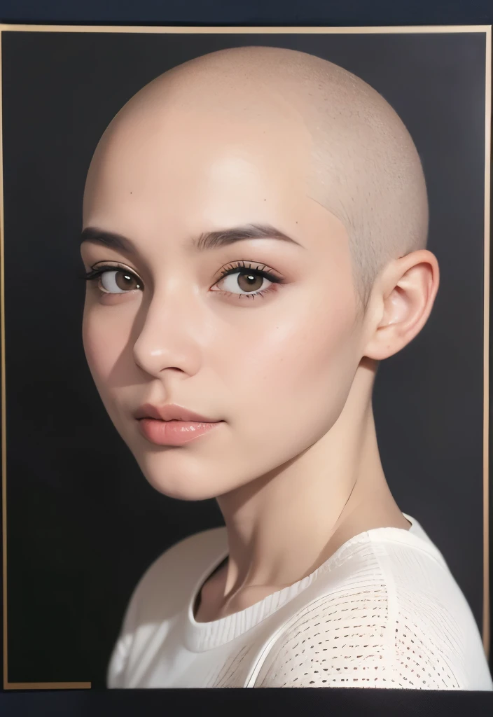 Passport picture, facing front, sensual face, looking forward, maintains eye contact with the viewer, smooth perfect skin, dark eyeliner, full face visible, High quality, portrait, passport style picture, official document photograph, bald beauty, bald is beautiful, no hair, headshot, government photo, id photo,