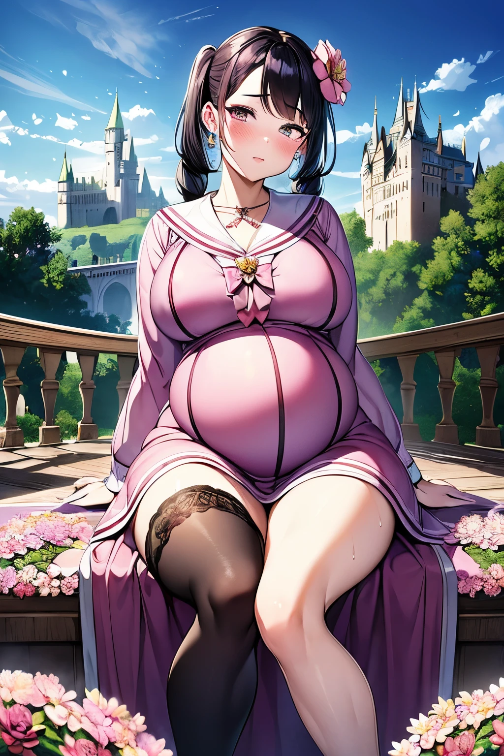 sunny,Sitting on a chair with legs spread,pubic hairを見せつけている,Erect nipples,black stockingsを穿いている,Mouth wide open, Magical girl, Sailor dress, Pregnant women,black_hair, length_hair, hair_Pulled_return,Broke up_lips,purple_eye, Braiding, Twin tails, Armpit Hair, pubic hair, 1 person, sleeved,40 years old,Mature Woman,beautiful Finger,beautiful length legs,beautiful body,beautiful Nose,beautiful character design, perfect eye, perfect face, View your viewers,(Innocent_big_eye:1.0),(Light_笑face:1.0), Official Art,Very detailed CG Unity 8k wallpaper, Perfect lighting,Farbeful, bright_front_face_Lighting, (masterpiece:1.0),(Highest_quality:1.0), 超High resolution,4K,Very detailed, photograph, 8k, High resolution, High resolution, absurdes:1.2, 400 for Kodak Port, Film Grain, blurry returnground, bokeh:1.2, Lens flare, (Vibrant_Farbe:1.2) (beautiful,big_chest:1.4), (beautiful_face:1.5),(cure heart), pink bow, jewelry, bow, heart brooch, choker, brooch, heart, earrings, hair ornament,black stockings,pubic hair,(Sweaty skin:1.4),(Embarrassing,blush:1.5),(vapour:1.3),((Pussy juice stain)),(A flower garden with a castle in the distance:1.5)