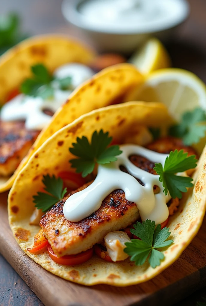 Create an image of this recipe: Fish Tacos with Yogurt Sauce Ingredients:
- White fish fillets: 200 g - Corn tortillas: 4 units - Greek yogurt: 50 g - Lemon: 1 unit - Fresh cilantro: 10 g
- Sal: 5 g - Pepper: 2 g Preparation:
1. Season the fish fillets with salt and pepper.. Cook on the grill or in a pan until well cooked.
2. In a small bowl, Mix the Greek yogurt with the lemon juice and chopped cilantro. Adjust salt to taste.
3. Heat the tortillas in a frying pan or in the oven..
4. Shred the fish and place it on the tortillas.. Add the yogurt sauce on top.
5. Serve with a side of fresh vegetables or salad..