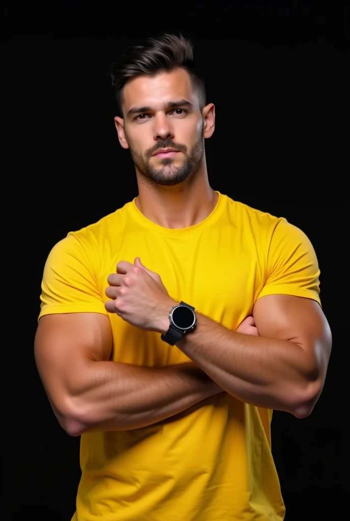 Cool guy in a yellow t-shirt, pumped up, European appearance, SHOWS THE VIEWER WITH ONE HAND IN CLOSE UP AT HIS WATCH ON THE OTHER HAND, Black background, professional photo, high detail, skin texture