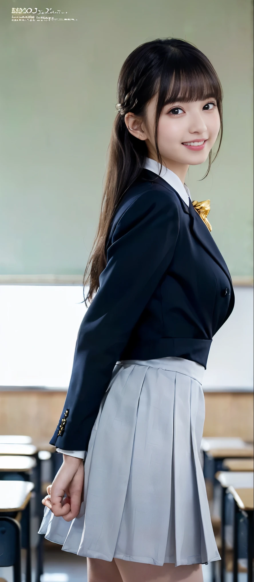(Highest quality, masterpiece:1.2), Highest quality, Realistic, photograph, High resolution, 1080P, 8k, Physical Rendering, ((height: 155cm)), ((((((A beautiful fashion model featured in a Japanese fashion magazine、Look directly at the viewer)))))), (((big, Very fine, Beautiful dark brown eyes))), ((((Everyone loves me、They are Laughter at me.!)))), Detailed fingers, (((Curled bangs))), ((((Very noble and cute eyes, Every detail is carefully drawn)))), ((double eyelid)), (((Long eyelashes))), ((cute、Adorable、Adorable、Laughter、Laughter頬)), ((Pure white light hits my nose and cheeks. Her eyes and the white skin of her face are beautifully white.......)), (((((Her face is very expressive、With a noble smile。, so sweet, very smart))))), ((((A striking plain navy large school ribbon bow tie)))), ((((so beautiful、very long black braided hair)))),((She is wearing a formal long pleated skirt, Blue and navy tartan check), ((((The size is a bit large、With gold emblem.、She is very impressive as she lifts up her dark blue formal blazer to reveal her breasts.)))), ((As elegant as a noble princess)), ((Girls dancing in the classroom)), ((From the side, When her shirt is lifted up, her small breasts create an impressive image...))