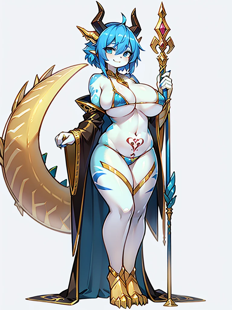 Busty female reptile, Covered with shiny blue scales. golden dragon horn,Wearing a smooth and simple golden sexy bikini robe. . .，Holding a long staff，Posture straight，Full body portrait，Expression smile，Large Breasts，Pure white background，Very Very Intricate Uterus Tattoo,