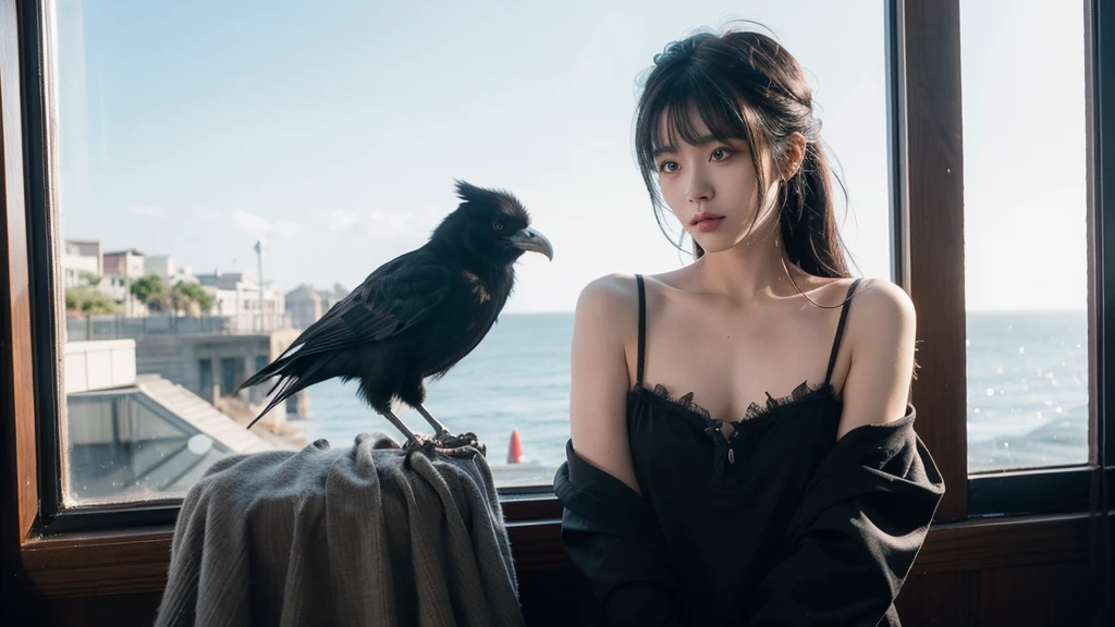 NSFW, feminine small shotacon, holding crow pet, small fragile body, black fur-lined clothes hanging on the shoulder, little to no clothes (showing core body), black hair, very messy mullet hair, bangs, shining crimson eyes, masterpiece, 8k, photorealistic, chiaroscuro lighting, dramatic shadows, cinematic composition, coast background, wearing black short, sharp black nails, full body