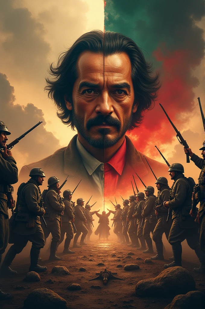 Create an image in which this Mariano Azuela, the author of the work those below and put down the revolutionary peasant soldiers and the soldiers, make it look like that marked division and do it Marvel style, where the center is half of Mariano and on the sides the peasants and soldiers of another 