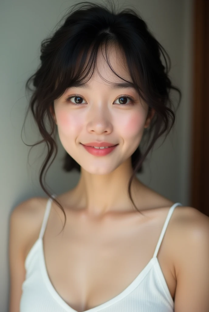 ((best quality)), ((masterpiece)), (detailed), perfect face, a short hair Chinese girl smiling to the camera Chinese girl using white tanktop, reveal part Hof her chest (Cleavage) and only her half upper body show on the photos, His short hair was a little messy, small breast, flat chest, flat breast, tiny  