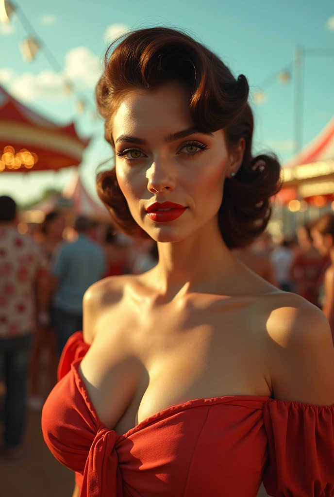 razor sharp focus, intricate detail, a beautiful woman, at a carnival, 1950s vacation, 1950s hairstyle and clothes, brunette hair, busty with ample cleavage (cinematic lighting:1.1), photographed on a Fujifilm X-H2S, 90mm F/8 Macro Lens, with expired Kodak VISION3 500T color negative film, 8k, (full body:1.0)