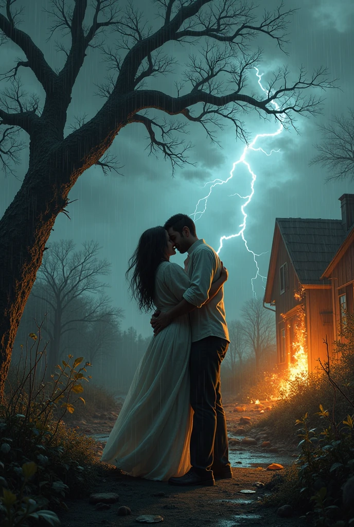 a women and man hugging each other, wreck tree, wreck plants, thunder and storm, fire, broken house