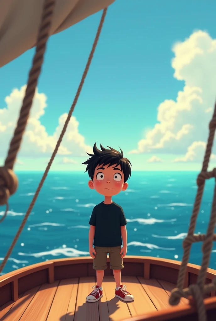 A boy in a ocean on a ship were a black classic shirt animated make 18