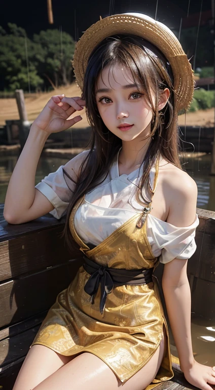 A woman that is sitting in the mud, anime thai girl, 2019 trending photo, dirty face, japanesse farmer, it is night and raining, with a orientalist smileful face, sexy girl, chinese dress, underwear ad, farmville, ancient photograph, cute adorable, sludgy, hoang lap, unknown, plains, bad print