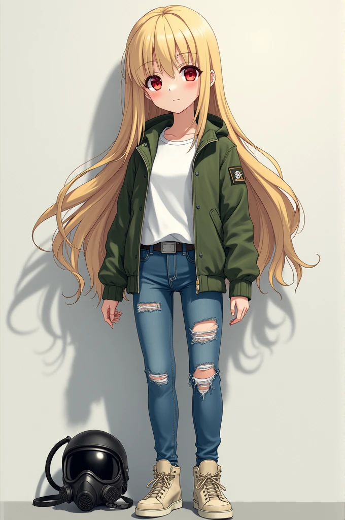 A beautiful Japanese anime girl with blonde  hair and smooth  pale  skin with red eyes  she has medium sized chest and wears a white shirt with  blue ripped jeans and white  Beige sneakers and had a green bomber jacket on  with a black us Air Force HGU-55 flight  helmet and  fighter pilots oxygen mask beside her 