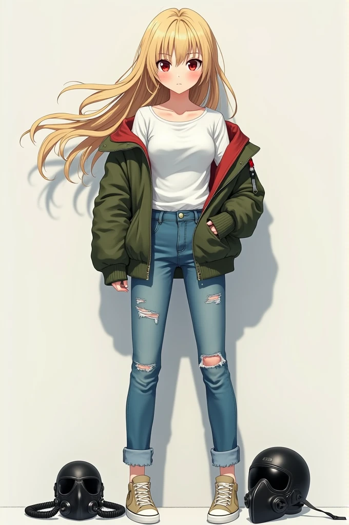 A beautiful Japanese anime girl with blonde hair and smooth pale skin with red eyes she has medium sized chest and wears a white shirt with blue ripped jeans and white Beige sneakers and had a green bomber jacket on with a black us Air Force HGU-55 flight helmet and fighter pilots oxygen mask beside her