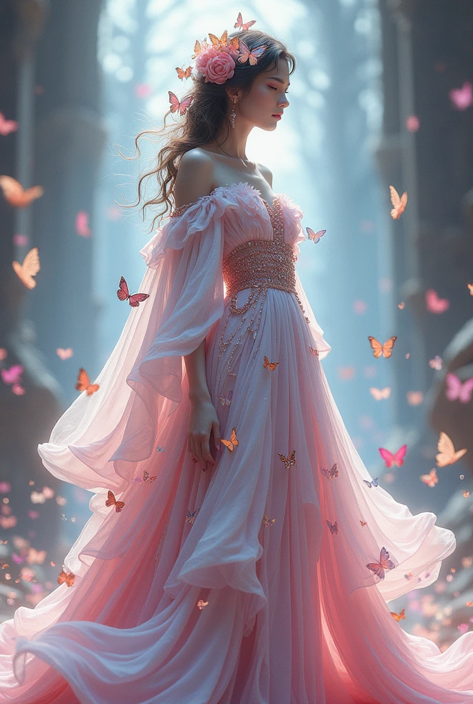 There is a dress made of white and pink fabric with butterflies, fantasy dress, magical dress, fantasy costume, Astral Witch Clothing, flowing magic robe, dressed in ethereal armor, intricate fantasy dress, Ethereal fantasy, ethereal essence, wearing fancy formal wear, This is astral, 8K high quality detailed art, fantasy style clothing, fantasy costume, 🌺 society