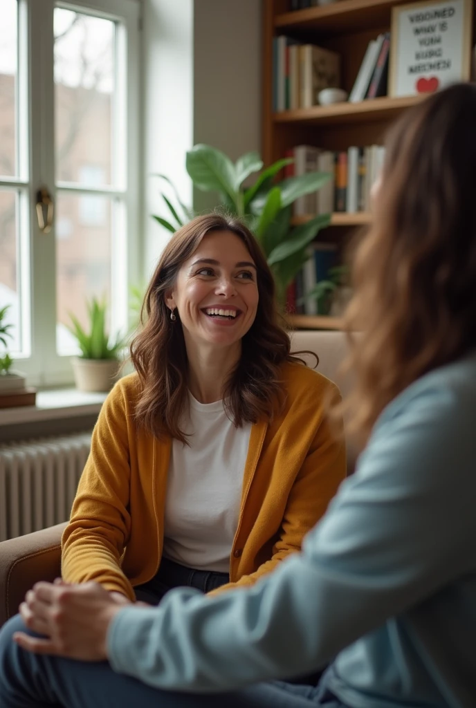 Happy patient in therapy session facing his psychologist