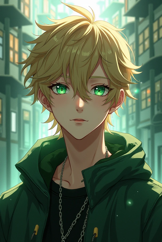 Create a unique male anime photo for Discord with a character with dark blonde hair and green eyes