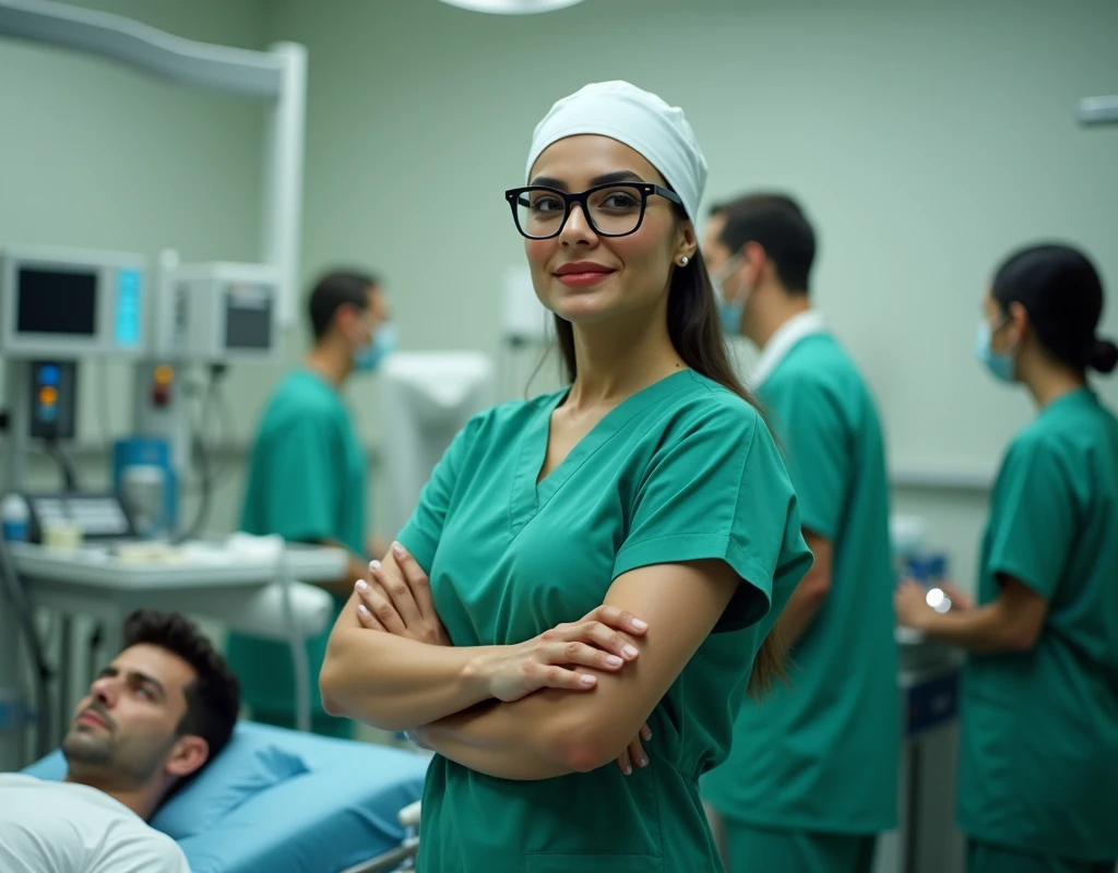 Aishwarya Rai wearing scrubs, wearing skull cap, wearing glasses, standing beside male patient in operation theatre, fullbody view, arms crossed, looking at front,