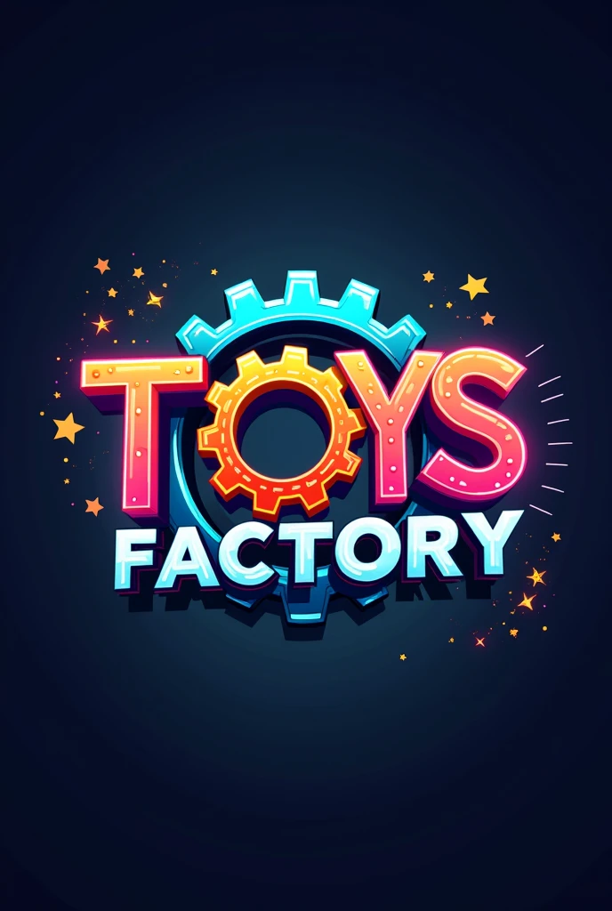 Make me a logo for the company TOY FACTORY where the letters are replaced by gears, and where the main element is a gear, The main colors are, blue, orange, green and yellow, In neon, the typography is toy-like and in cinematic mode