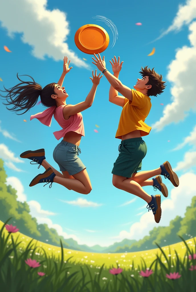 Two players flying to catch the discraft frisbee