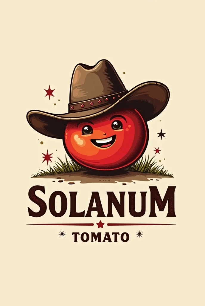 Logo for a tomato company called solanum, vintage style, with a tomato wearing a cowboy hat