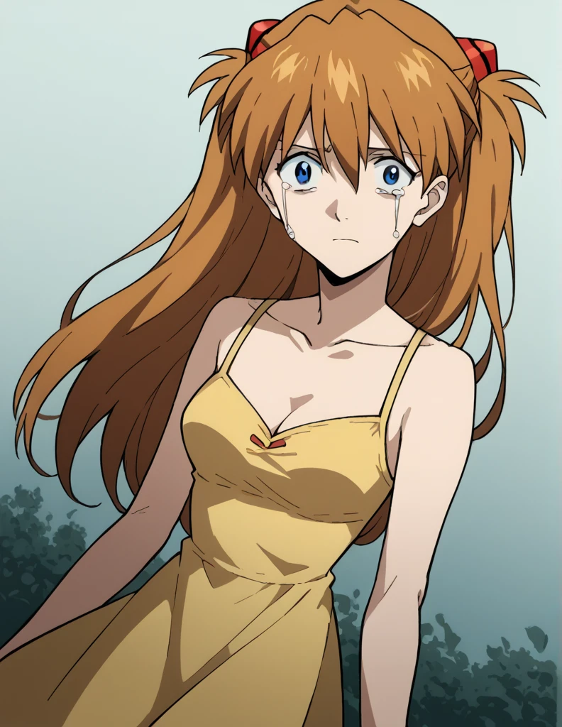 score_9, score_8_up, score_7_up, source_anime,
asukalangley, asuka langley soryu, long hair, bangs, blue eyes, brown hair, hair ornament,
dress, cleavage, yellow dress, sundress, collarbone, bare shoulders,
scared, fog,
looking at viewer, cowboy shot, dutch angle, solo, sad look, crying, depressed  