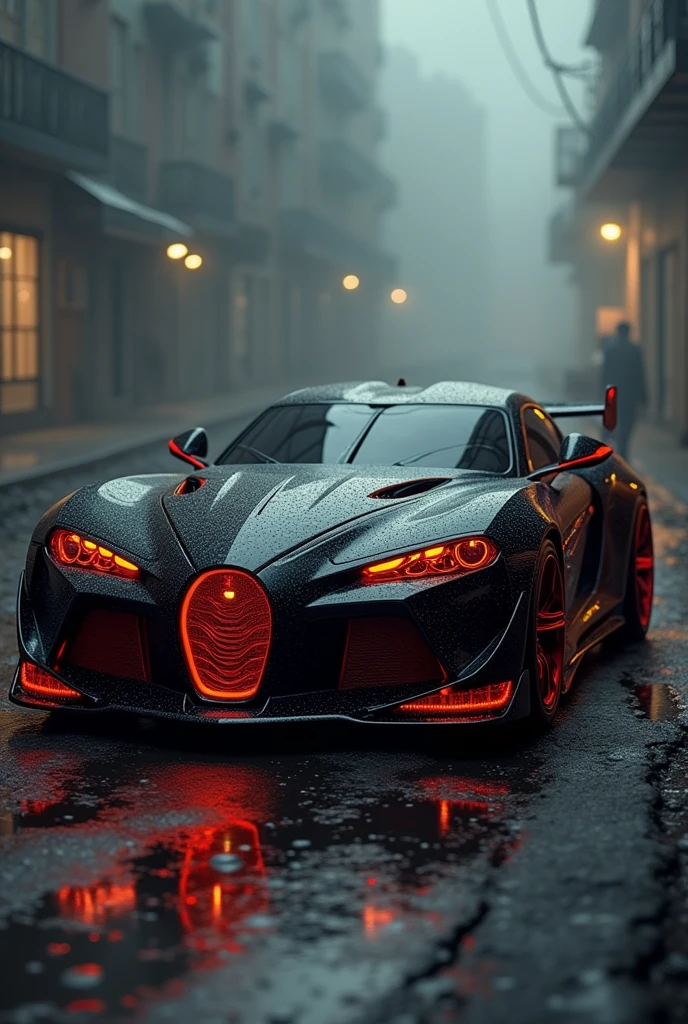 A dark car with red and gold accents, aggressive design with stylized flames and an ominous engine roar.