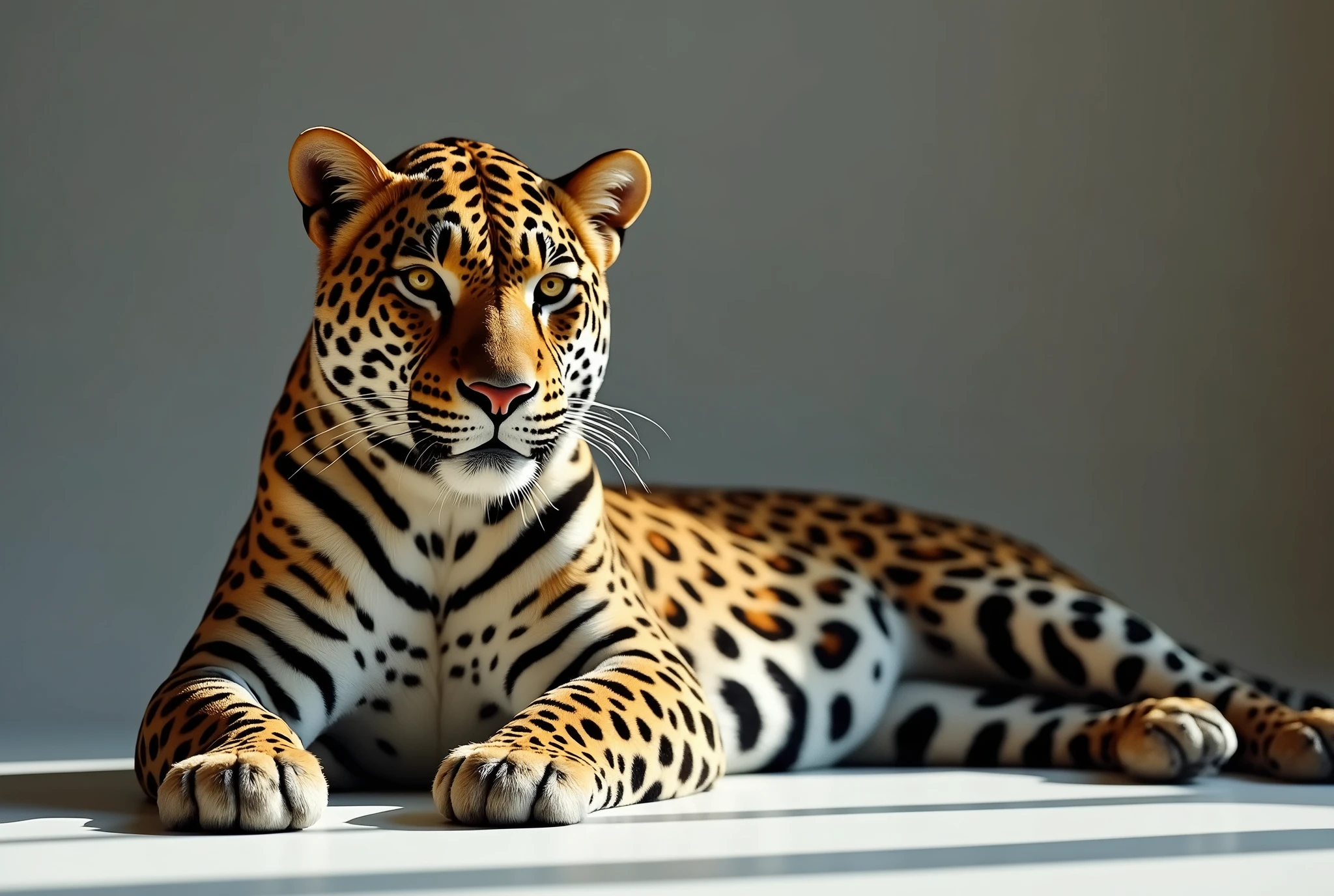 A hyper-realistic high-resolution photograph of a leopard lying gracefully. The leopard is relaxed, its fur displaying intricate, realistic patterns as it lies close to the model’s feet. The lighting is editorial-style, with soft yet defined shadows, enhancing the minimalist and elegant atmosphere. --ar 2:3 --style raw --stylize 200 --v 6.1