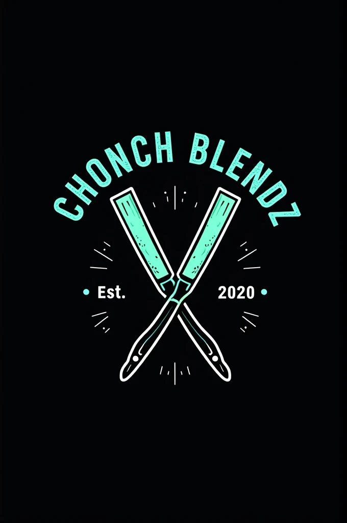 Create a flat vector, illustrative-style emblem logo design for a San Diego barber 'ChonchBlendz' established in 2020 , featuring a modern straight razors crossed in the center of the company name. Use neon green, blue, grey and white colors to convey trust, premium service and a luxury experience against a black background. English