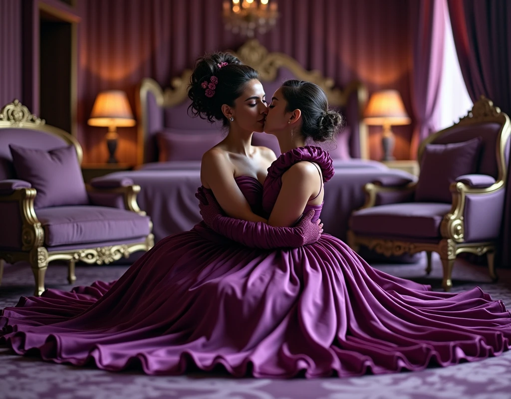ultra quality, masterpiece, ultra resolution, longshot view, artwork, super それにget used to it, many get used to it, get used to it, それにget used to it, longshot view,love,romantic,((Mother and Daughter)),(( girl and Mature woman with the crowns)),((Littleand Mature woman lips kissing embrace and hold her partner's shoulders)),((Two women holding hands)),((Deep purple satin velvet oversize ballgown dresses)),((Oversize weared deep purple satin velvet dresses)),((Full-length dresses train skirt stretched down and flared covered the bed)),luxurious shiny deep purple satin velvet ballgown dresses, Sitting kiss and embrace on the floor,((Gorgeous queen rococo robe satin velvet ballgown dresses with voluminous full-length stretched down and flared train skirt)),long size deep purple ballgown dresses,full-length arm deep purple satin velvet gloves,((long deep purple satin velvet gloves)),((floor-length deep purple satin velvet ballgown dresses with a skirt that stretched down to cover the floor)),An ballgown dresses with full shiny deep purple satin velvet fabric material...,luxury bedroom,((Palace full shiny deep purple bedroom)),((The floor full covered of stretched and flares satin velvet fabric)), ((Long deep purple bludru velvet bedroom material)),Frilled silk velvet bedroom deep purple bludru pillows on the bedroom,many chairs in bedroom,fluffy deep purple pillow with frills,((Little girl ture woman is kissing embrace and hold shoulders sitting in the floor)),luxurious ruffled deep purple curtains