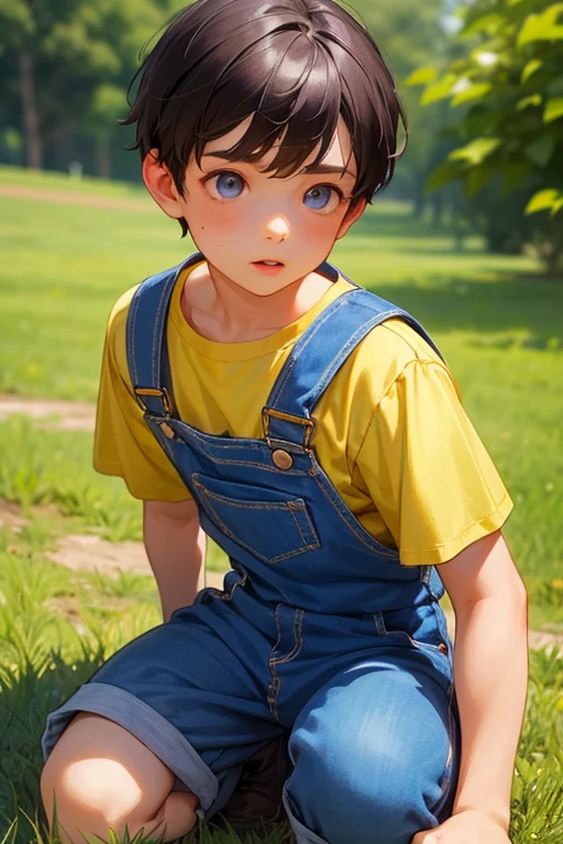 1boy,  british boy in overalls with shorts and a yellow shirt underneath, bending on knee poses, glowing blue eyes, outdoor, close-up, cutest 