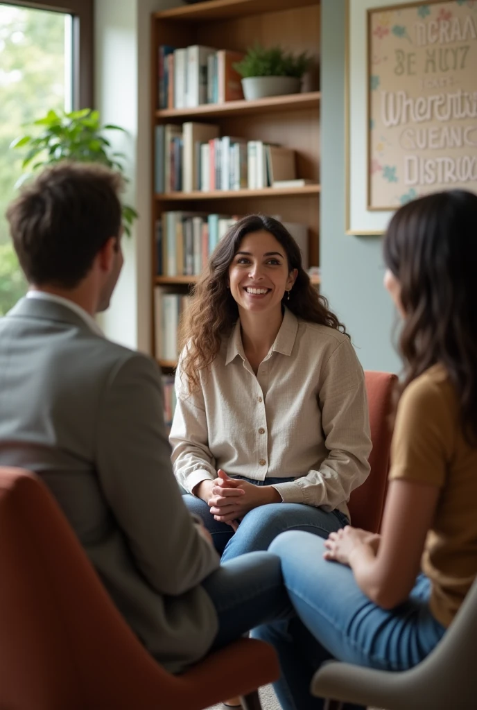 Happy patient in therapy session facing his psychologist