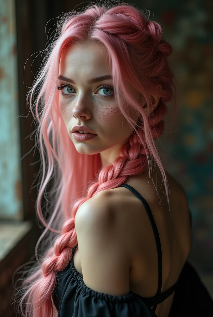 (Realisttic:1.2), analog photo style, Beautiful young woman, posing, with freckles and long pink hair braided, (steampunk dark fantasy atmosphere), soft natural light, cute and sexy, great quality, Masterpiece, detailed strange background, better performance, 16k quality, RAW photo