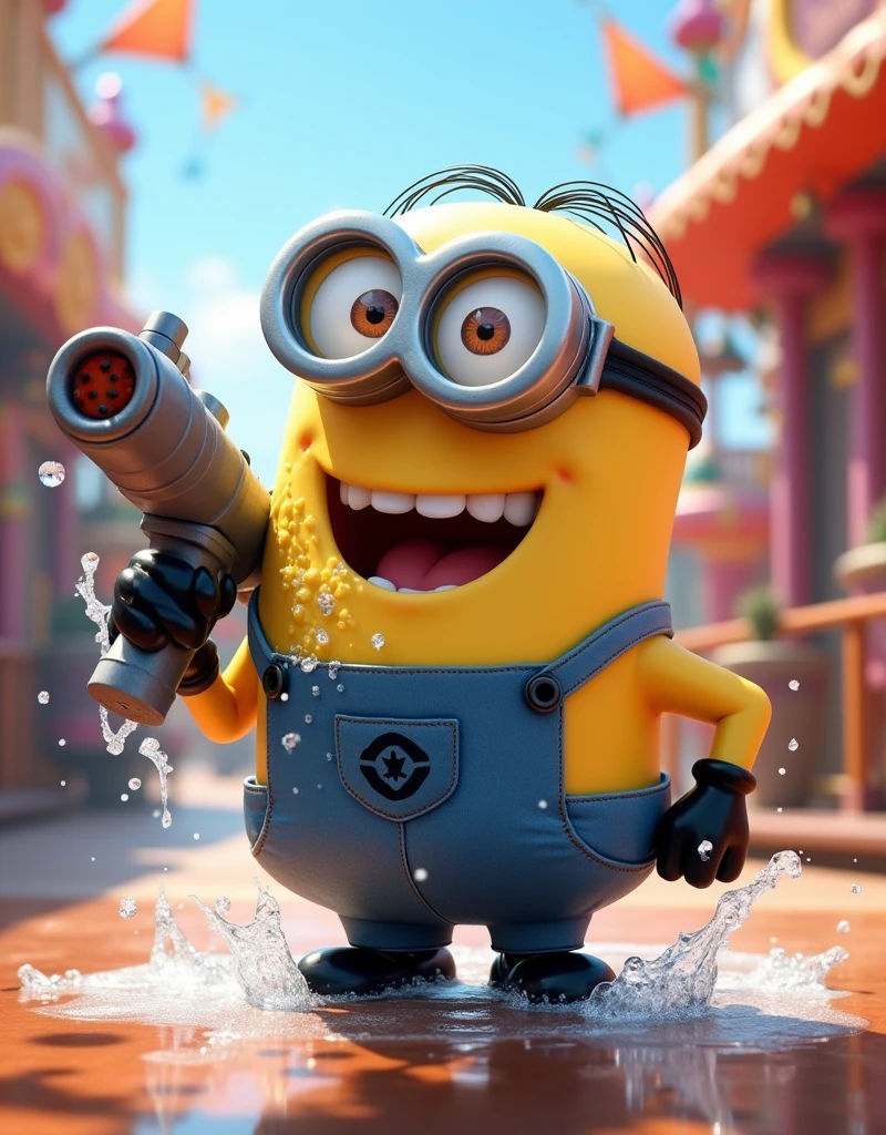 Minion Kevin gets soaked in water gun game. but still laugh heartily. water gun in hand Amusement park scene 