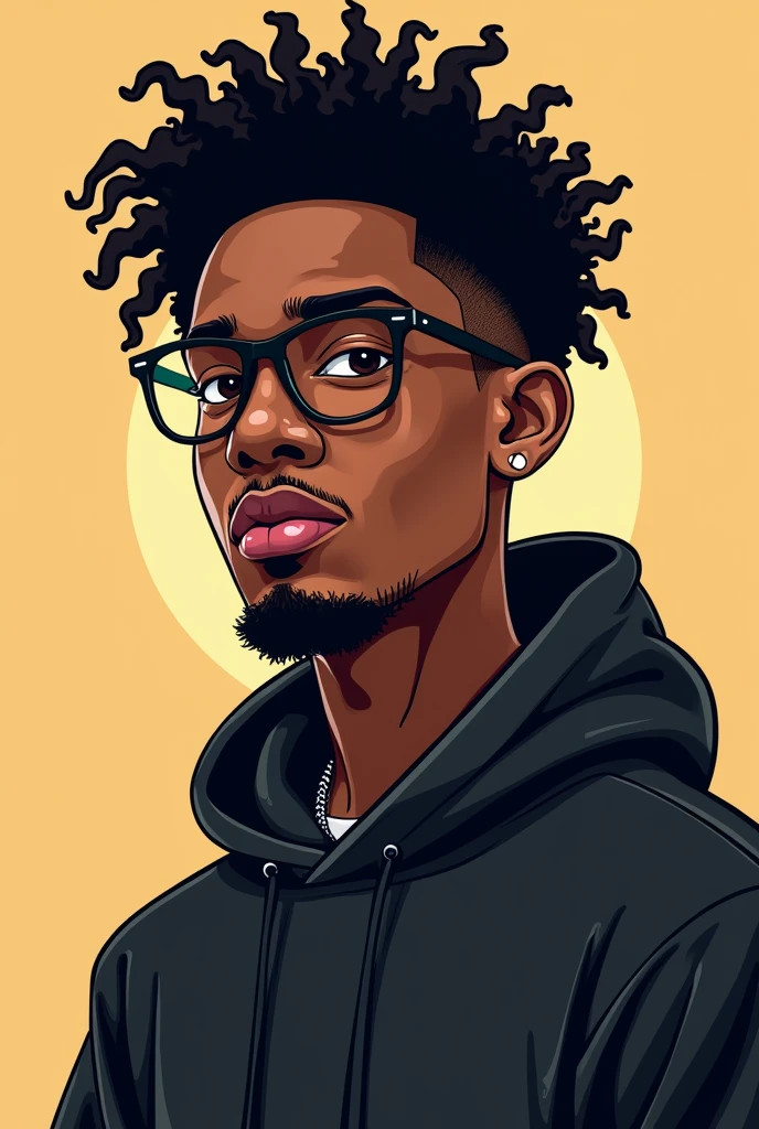a young Black man , rapper, with glasses, goatee, black sweatshirt, with curly hair, serious in a cartoon style,