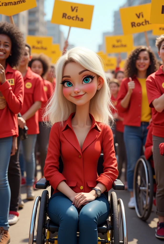 Caricature photo of a young white woman in red and yellow clothing with fair hair in a wheelchair with a crowd of able-bodied and disabled people dressed in yellow and red behind her holding signs with the name Vi Rocha